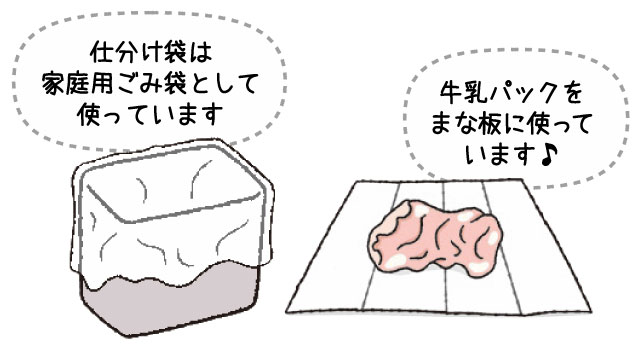 牛乳パックをまな板に使っています♪／仕分け袋は家庭用ごみ袋として使っています