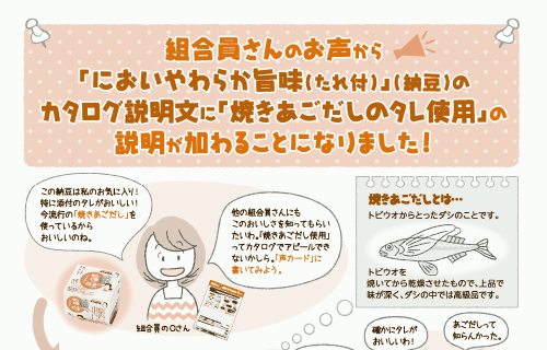 「においやわらか旨味」のカタログ説明文に「焼きあごだしのタレ使用」の説明が加わりました！