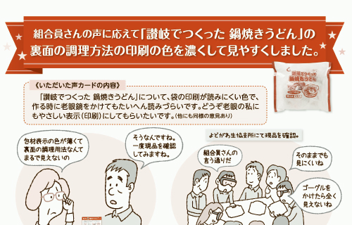 「讃岐でつくった 鍋焼きうどん」の裏面の調理方法の印刷の色を濃くして見やすくしました。